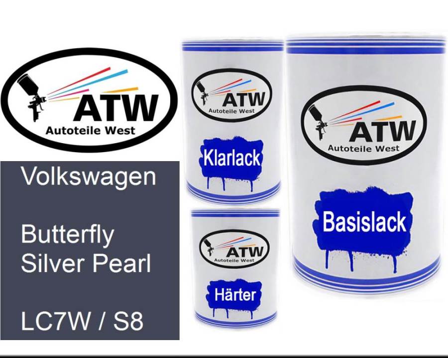 Volkswagen, Butterfly Silver Pearl, LC7W / S8: 500ml Lackdose + 500ml Klarlack + 250ml Härter - Set, von ATW Autoteile West.